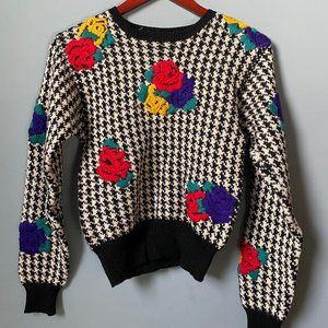 Vintage Houndstooth and Floral Knit Sweater